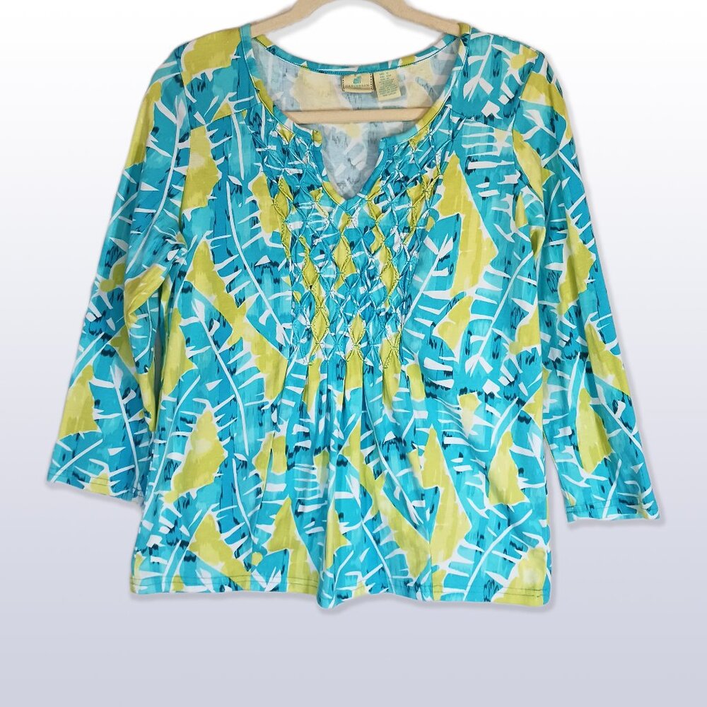 Caribbean Joe Lime & Teal Tropical Print Jersey Knit Top Size S